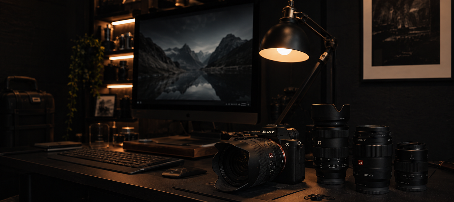 Photographer's desk with a monitor displaying a mountain lake landscape, camera body, and lenses under warm lamp light