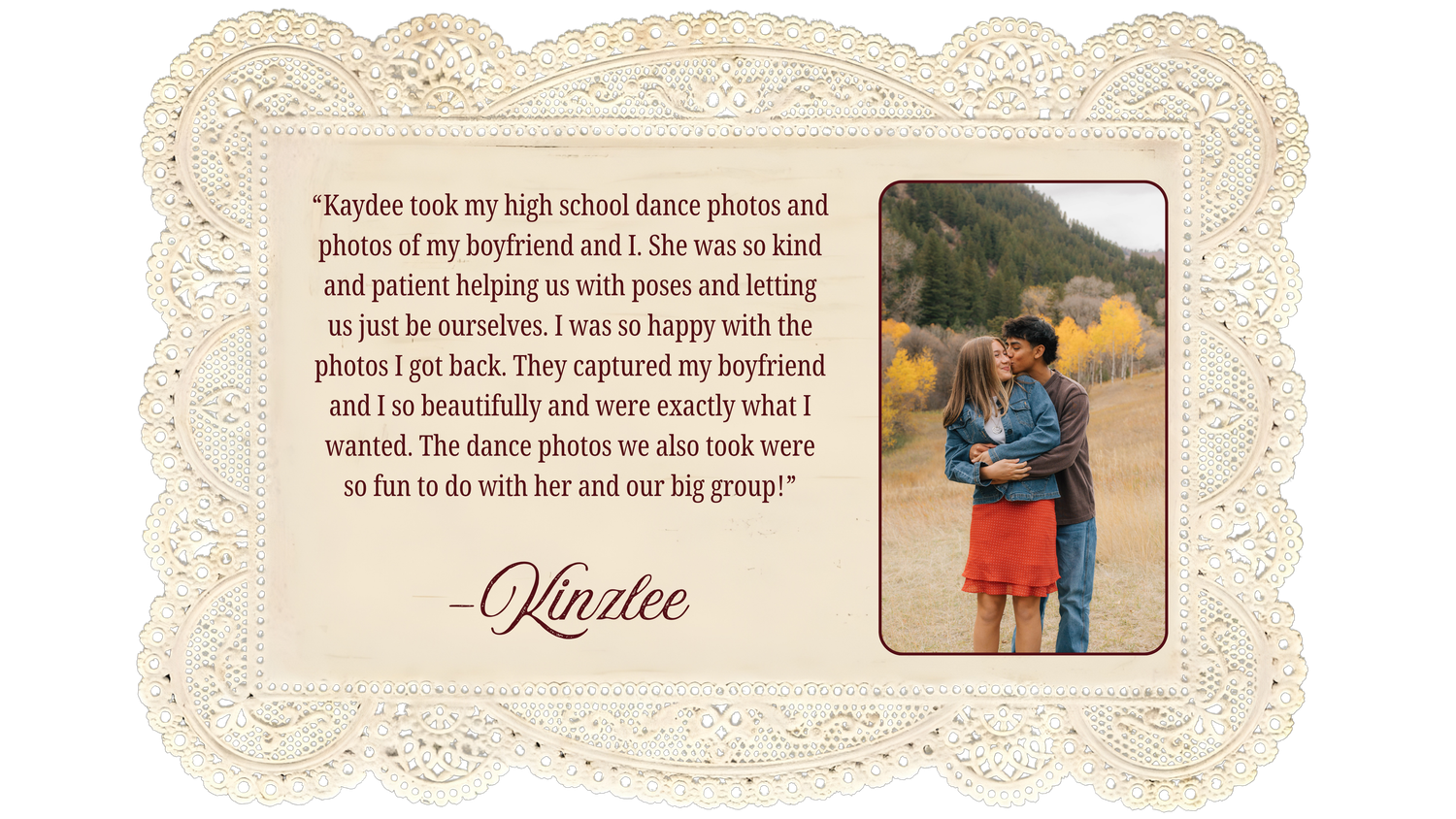 Elegant testimonial card with cursive signature from Kaydee praising a photographer for high school dance photos.