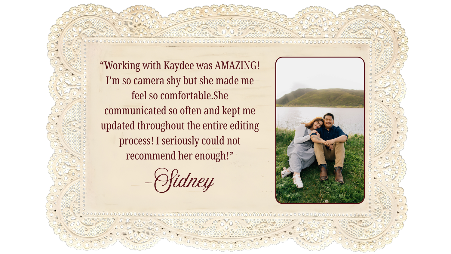 Customer testimonial graphic with photo of woman and dog in scenic outdoor mountain setting.