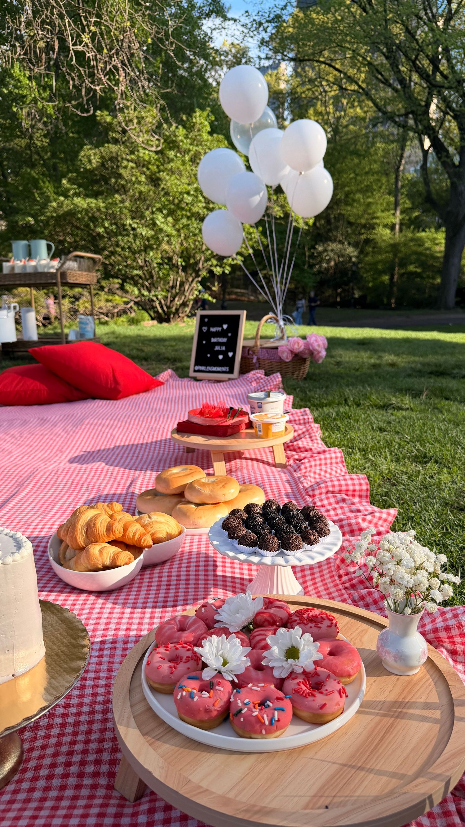 Outdoor picnic spread with pink donuts, croissants, berries, red gingham blanket, white balloons, and red pillows in a park.