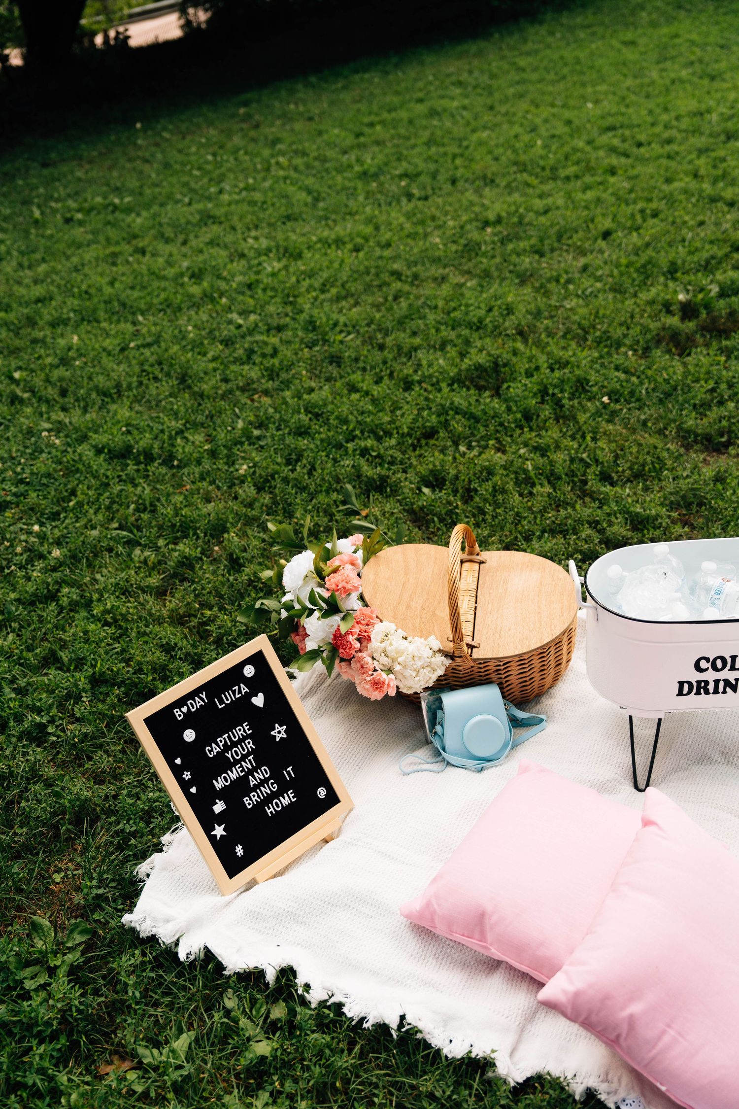 Wedding decor details with pink pillows, floral arrangements, and chalkboard signs laid out on green grass outdoors.