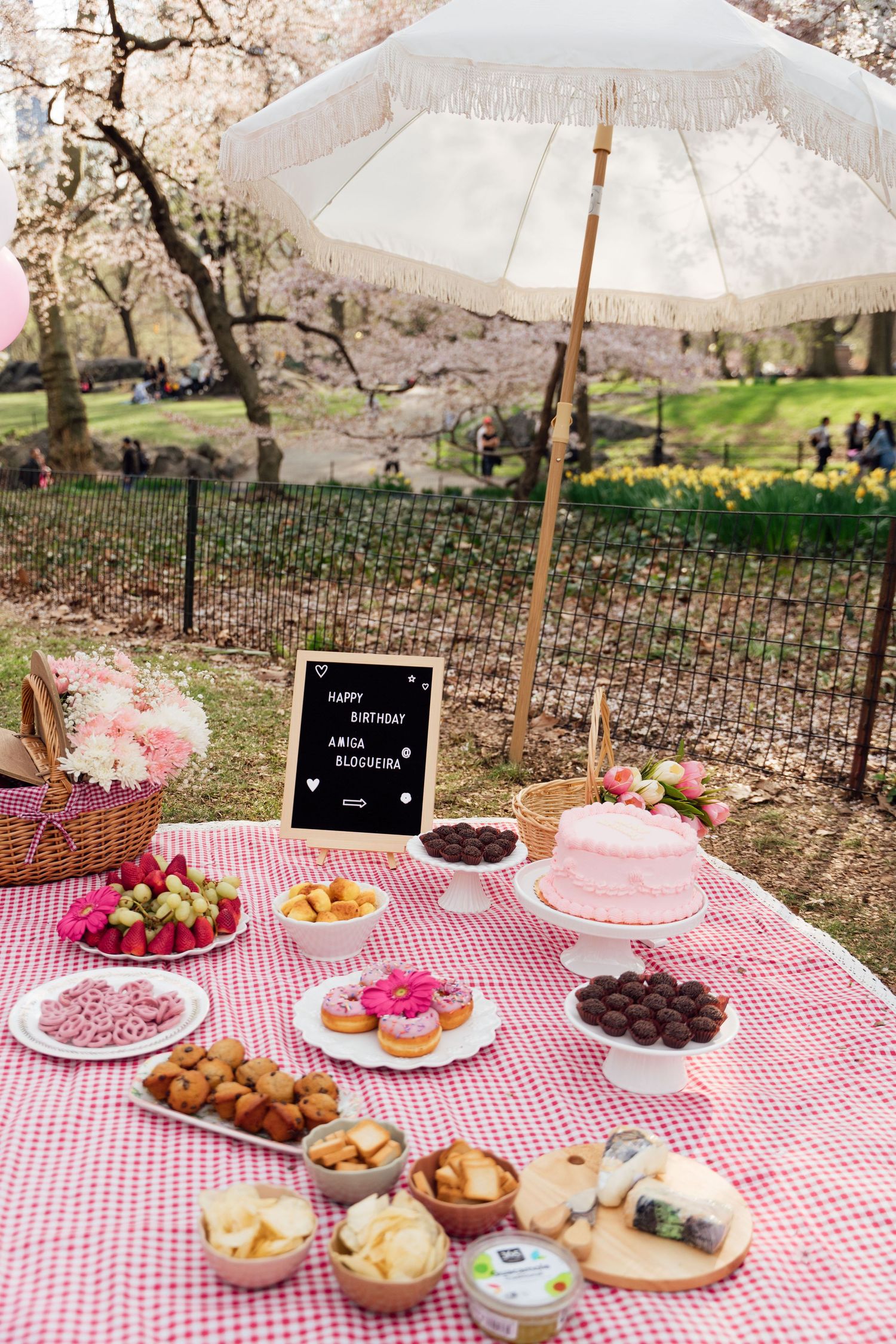 A picnic spread with desserts and treats on a red and white checkered tablecloth under blooming cherry blossom trees.