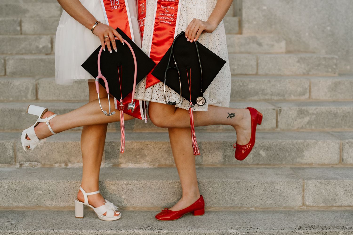 Photos of the feet, caps and tassels of 2 University of Utah graduates on the steps at President's Circle