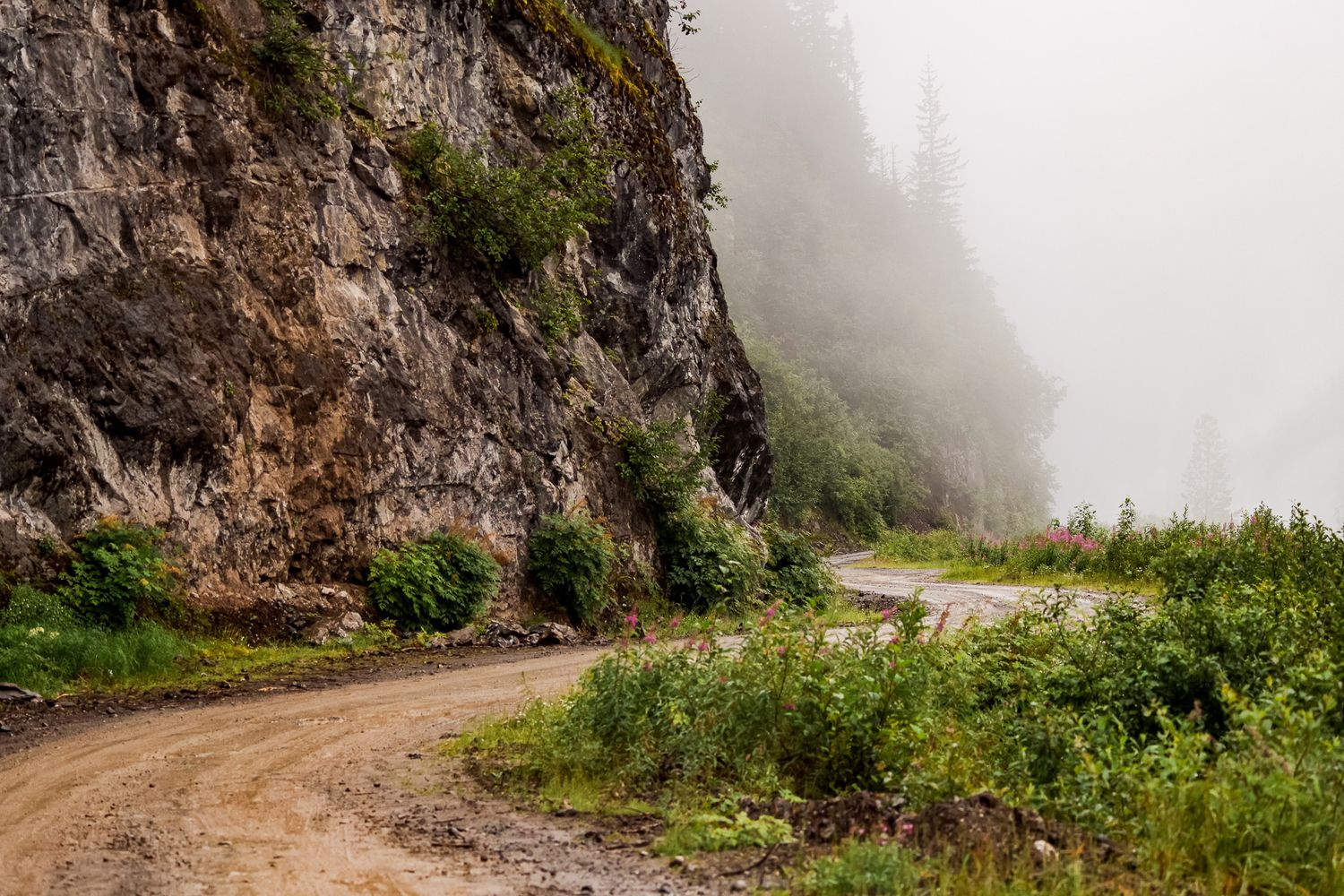Dirt mountain path winds around dramatic limestone cliffs shrouded in misty fog.