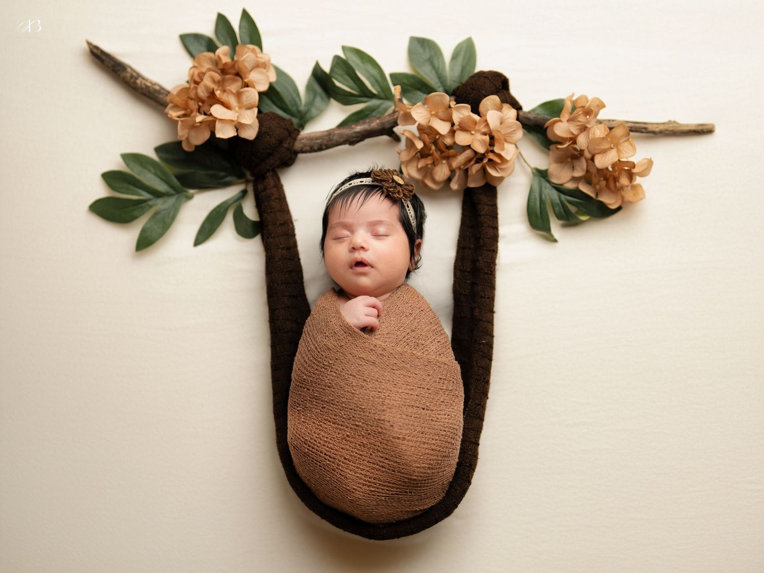 Sleeping newborn wrapped in brown swaddle under decorative floral branch artwork.