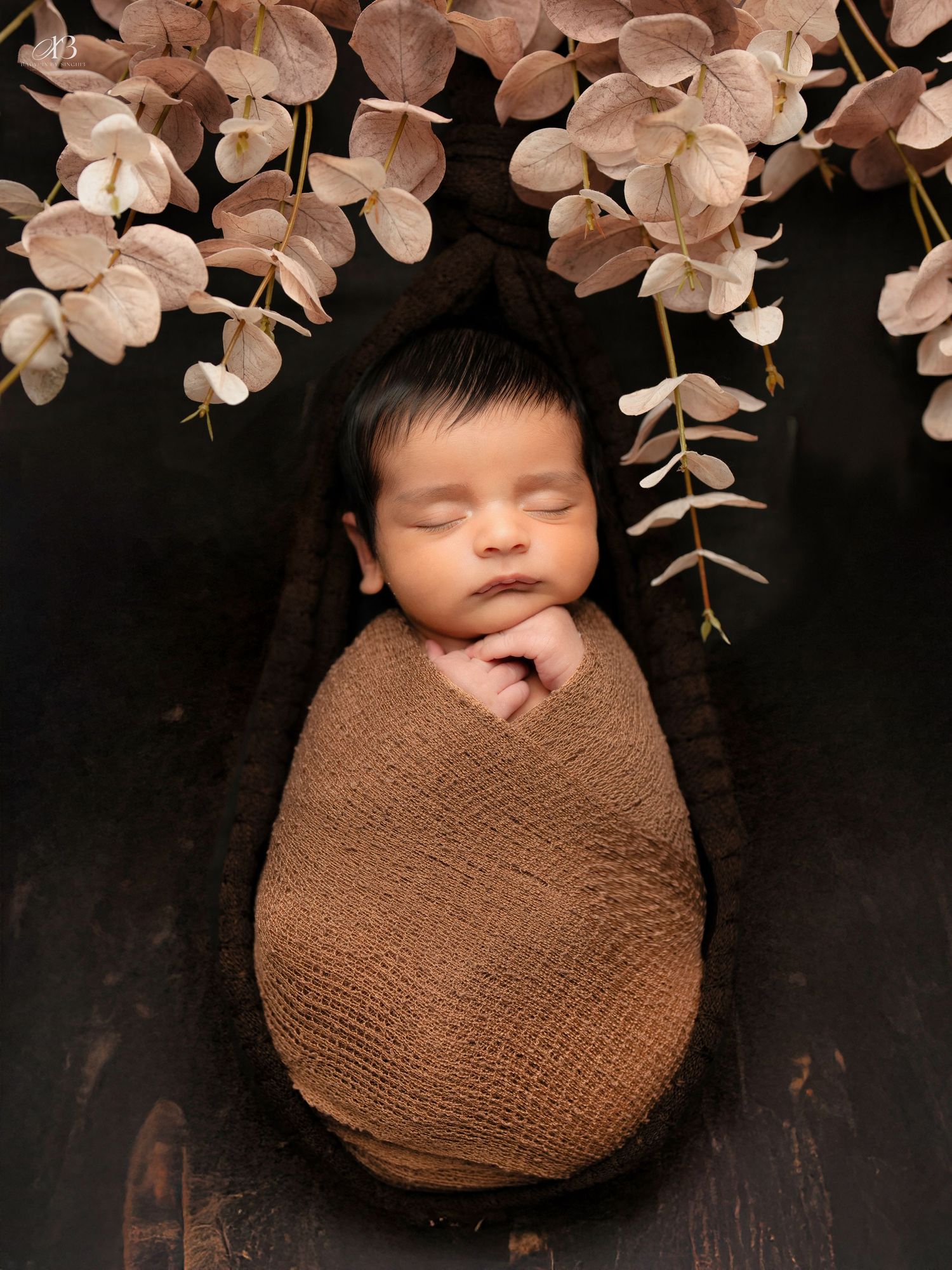Peaceful newborn wrapped in brown swaddle beneath cascading pink orchid flowers.