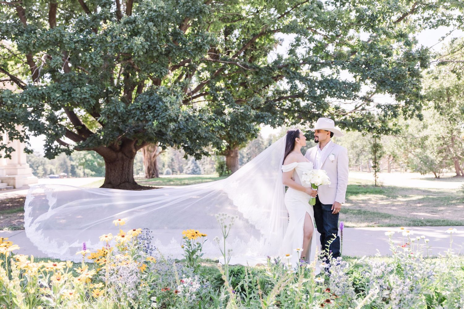 Wedding couple embraces in a sunlit garden as the bride's long veil billows gracefully in the wind.