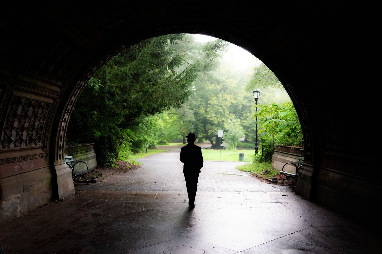 Silhouetted figure walks through a stone tunnel arch toward a lush green park with a lamp post.