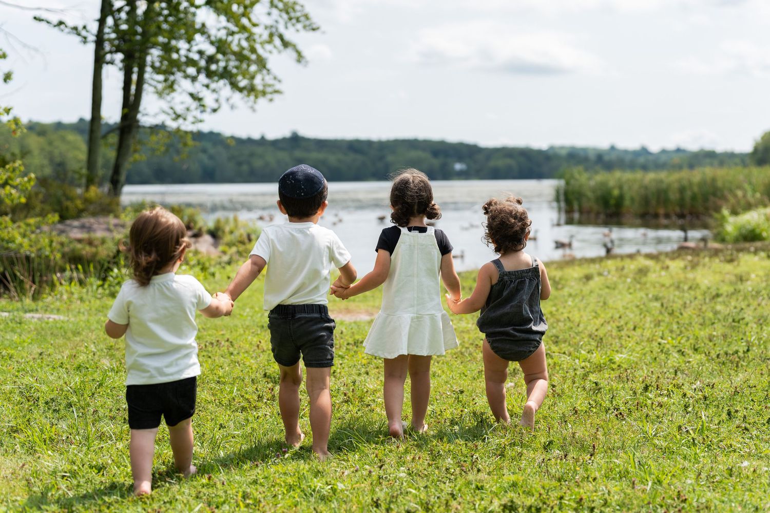 Four young children holding hands walking toward a serene lake on a sunny day in a lush green field.