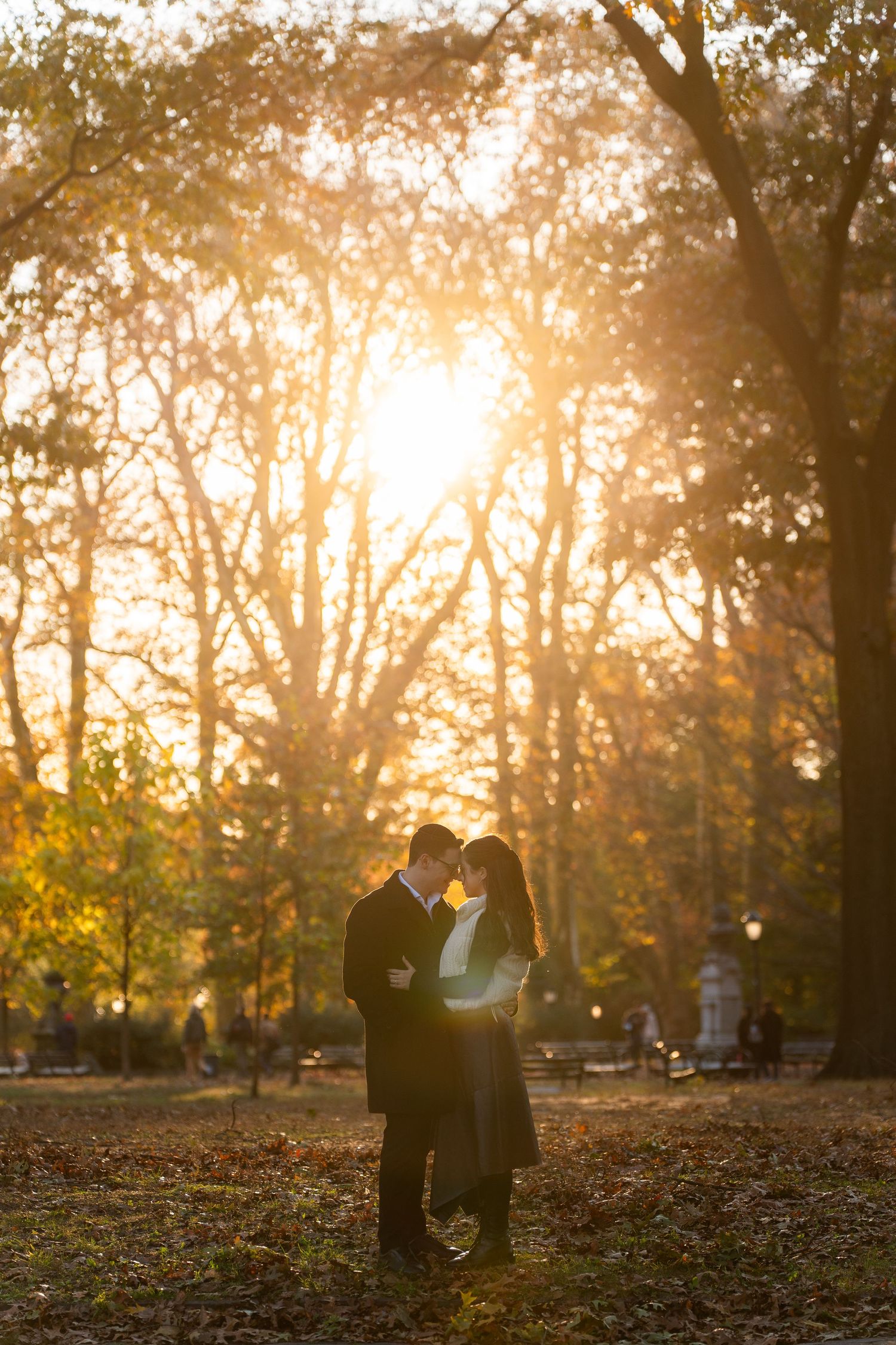Romantic couple embracing at golden hour in an autumn park, backlit by warm sunset light through trees.