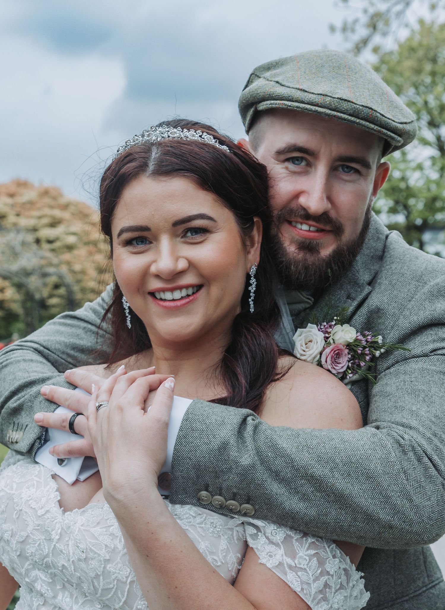 A couple in wedding attire share intimate moments outdoors in a series of candid photos showing joyful embraces and smiles.