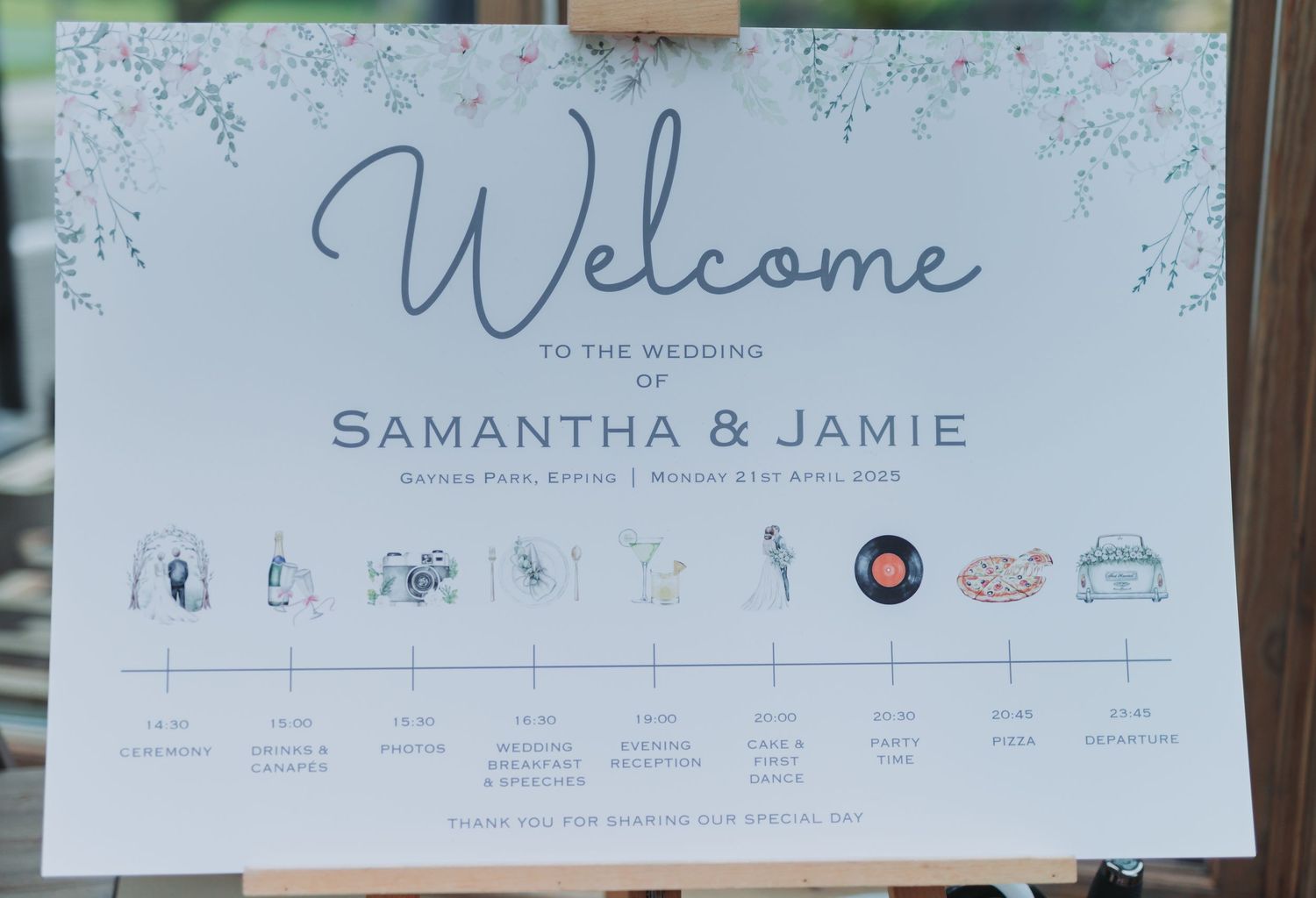 A wedding timeline sign with 'Welcome' text and icons showing the schedule of events against a white background.