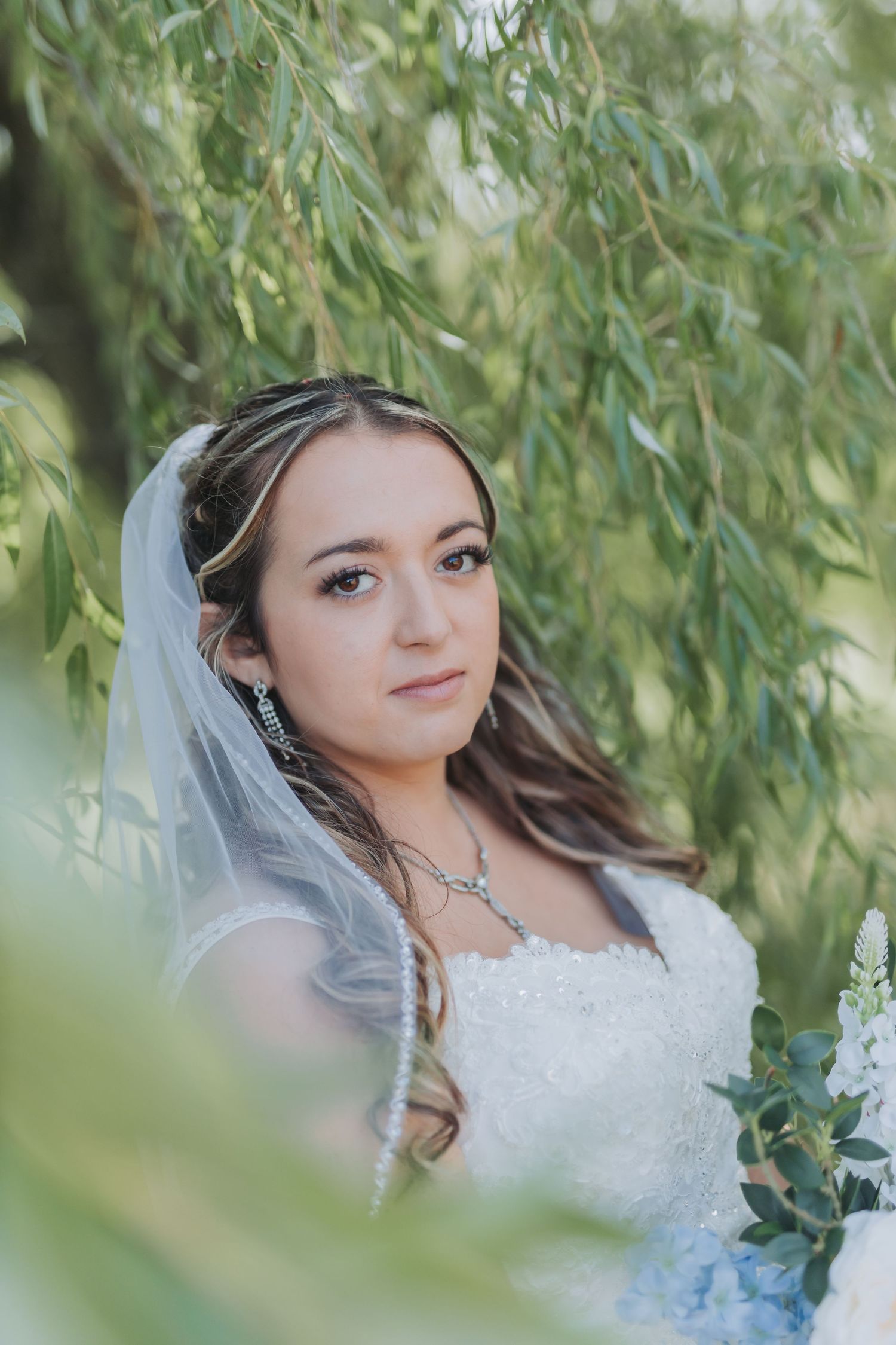 Bride in white lace wedding dress poses under cascading willow tree branches in soft natural lighting.