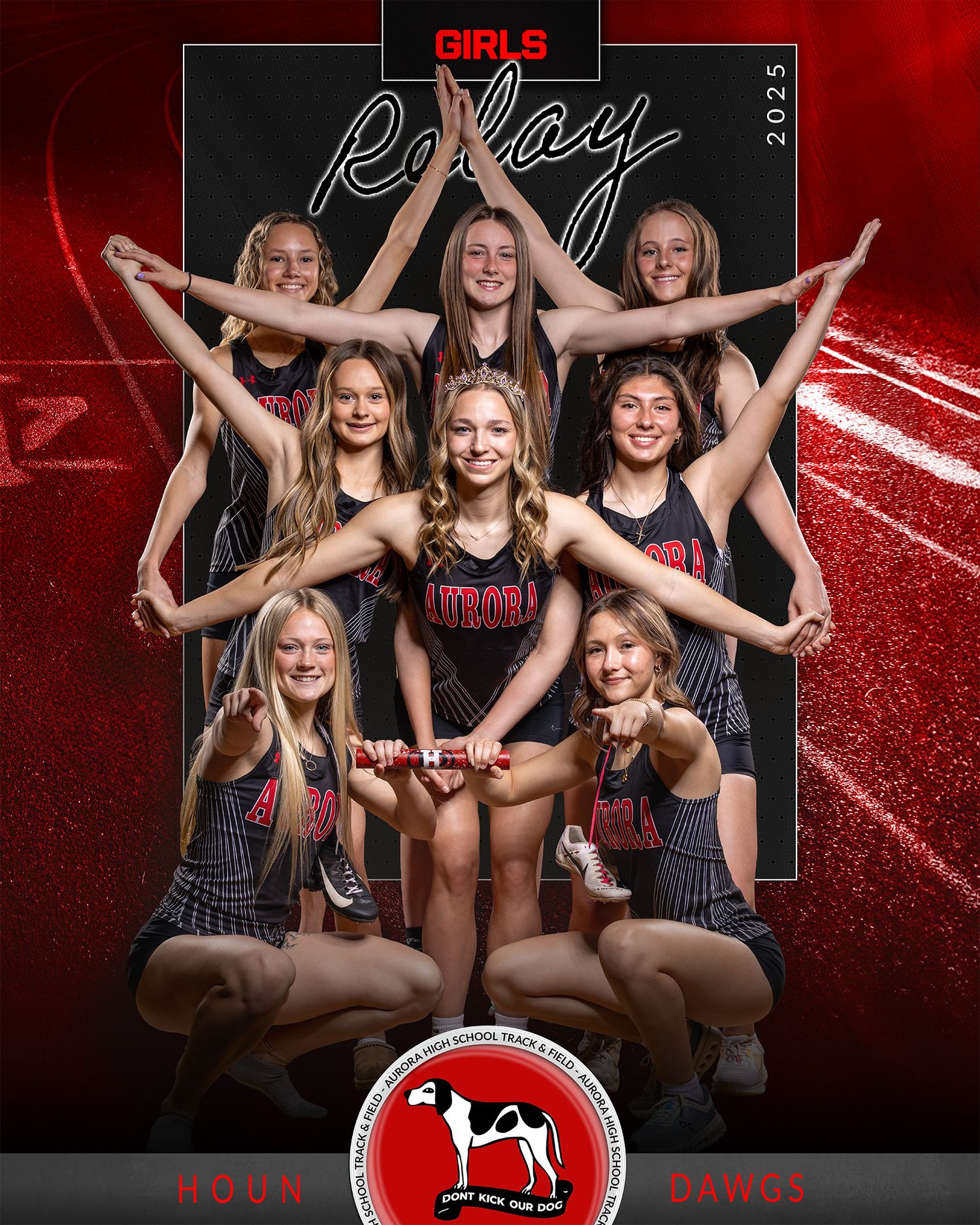 A cheerleading team poses in a dynamic pyramid formation wearing black uniforms against a red and black background.