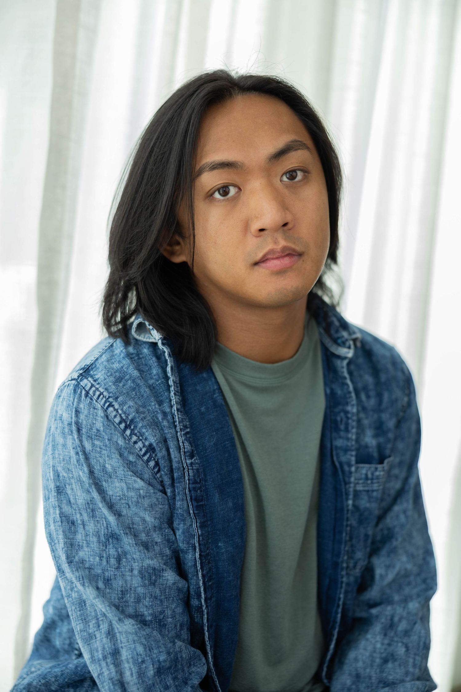 A portrait series shows four angles of a person wearing a turtleneck and denim jacket against a white background.