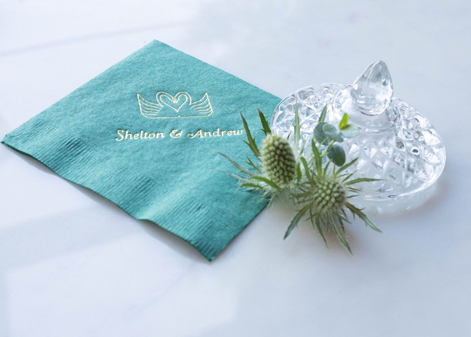 Turquoise blue fabric material and small decorative crystal pieces arranged with a succulent plant on white surface.