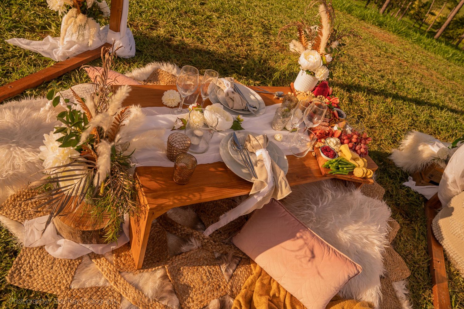 Outdoor boho picnic setup with blankets, pillows, dried flowers and rustic wooden elements on grass in warm sunlight.