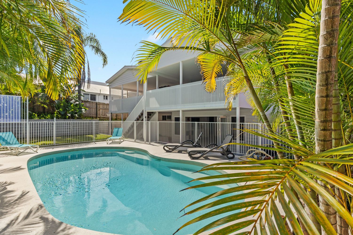 Coastal style elevated home with swimming pool surrounded by tropical palm trees in a sunny backyard setting.