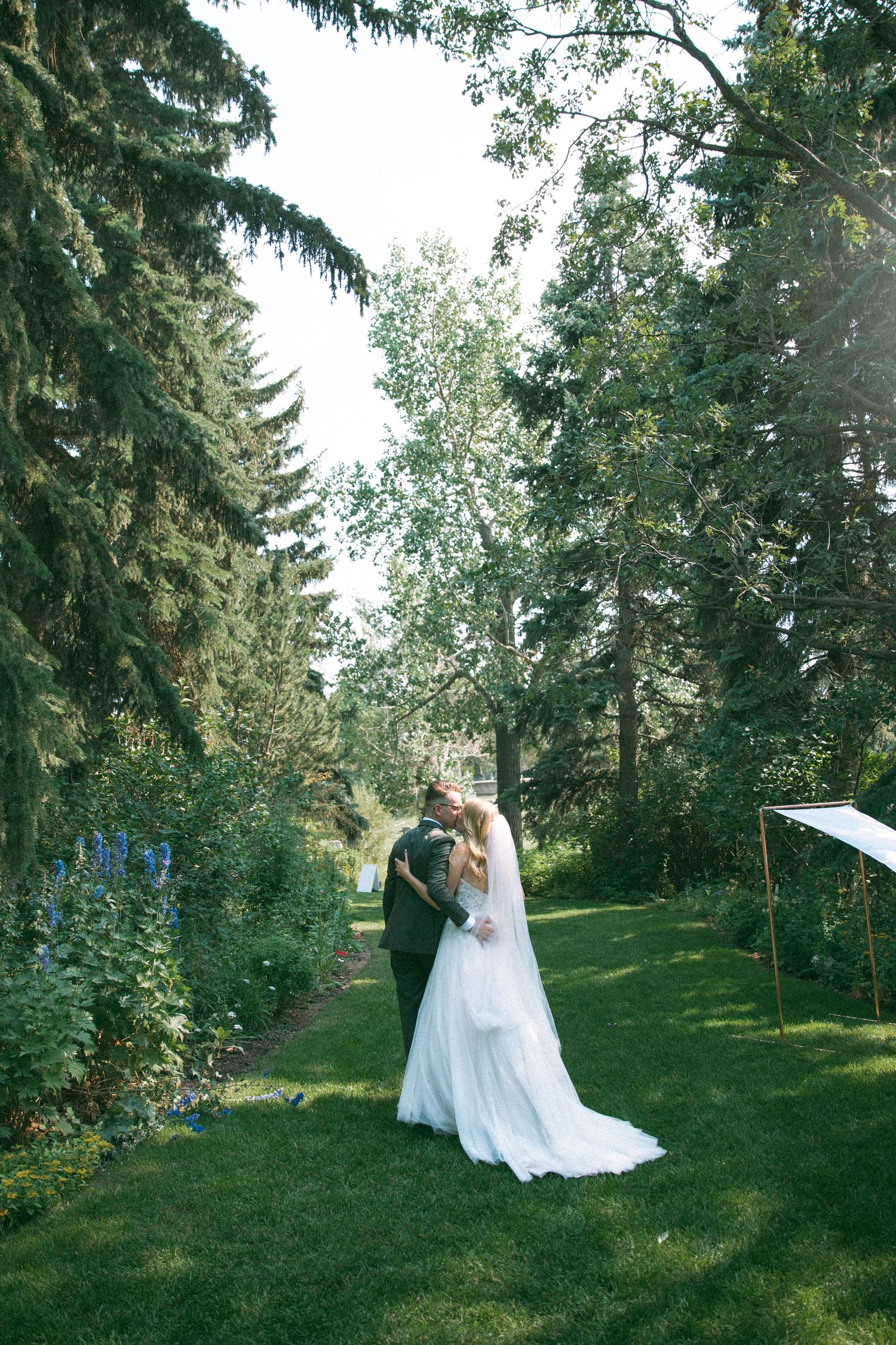 A romantic wedding couple embraces in a lush garden setting surrounded by evergreen trees and summer flowers on a bright day.