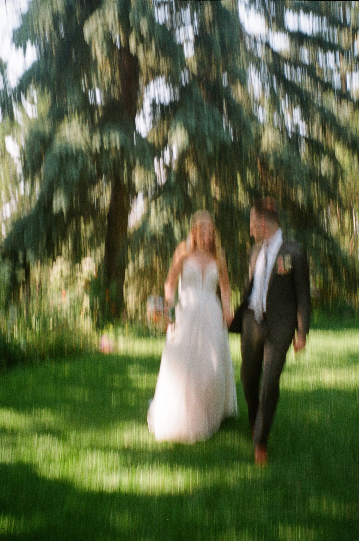 Motion-blurred wedding photo of a couple walking hand in hand on grass beneath drooping trees on a sunny day.