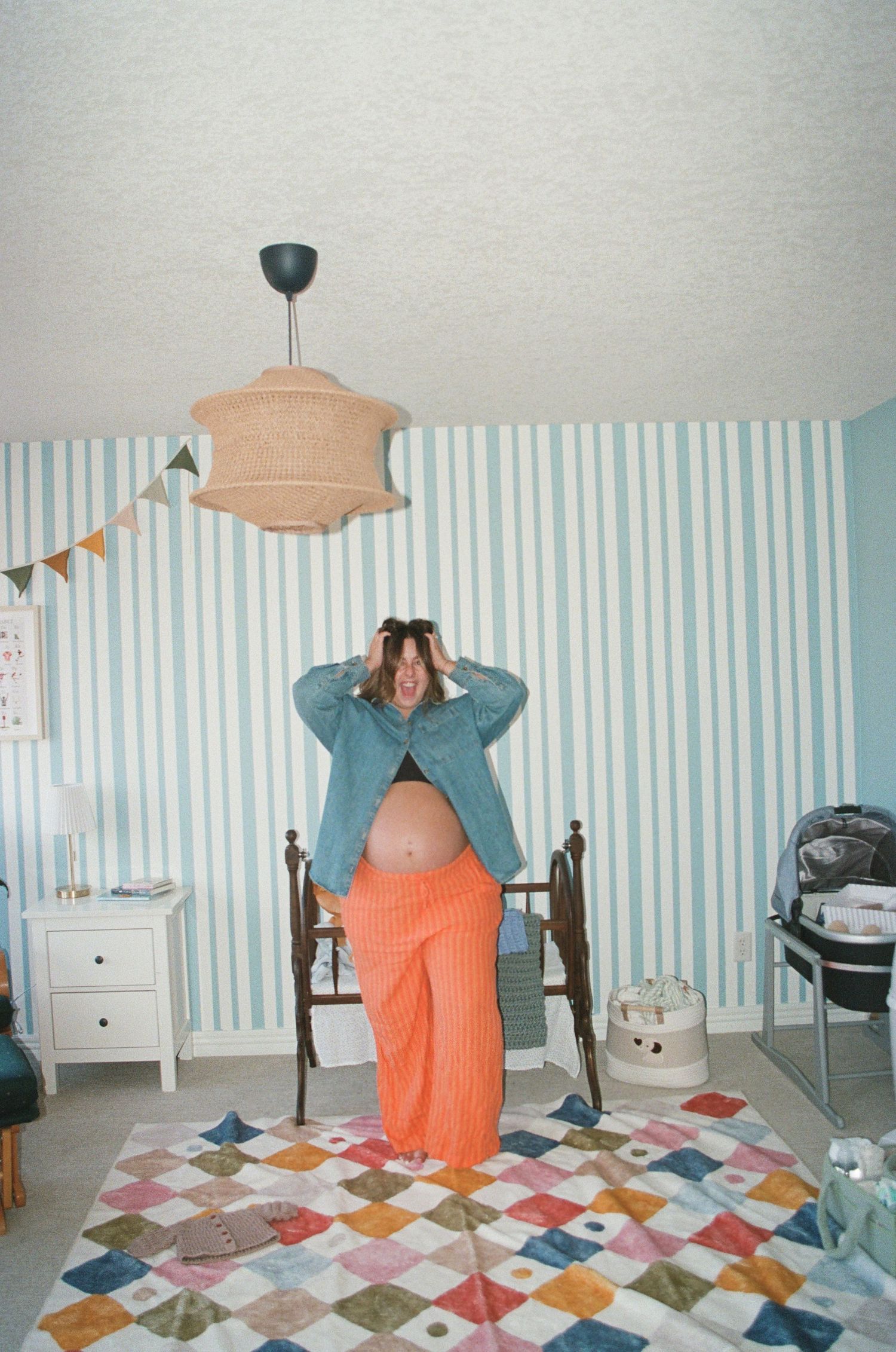 A series of photos showing a person in a coral dress against blue striped wallpaper and a colorful patchwork quilt.