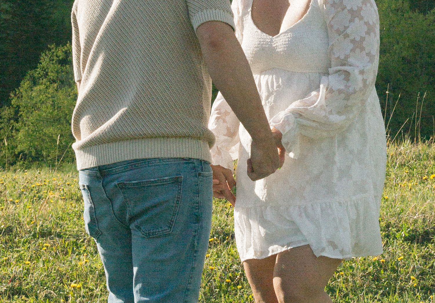 A couple holding hands tenderly while standing together in a sunlit meadow.