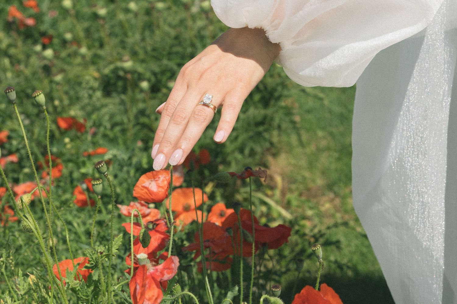 Close-up of white wedding dress details among vibrant red poppies in a garden.