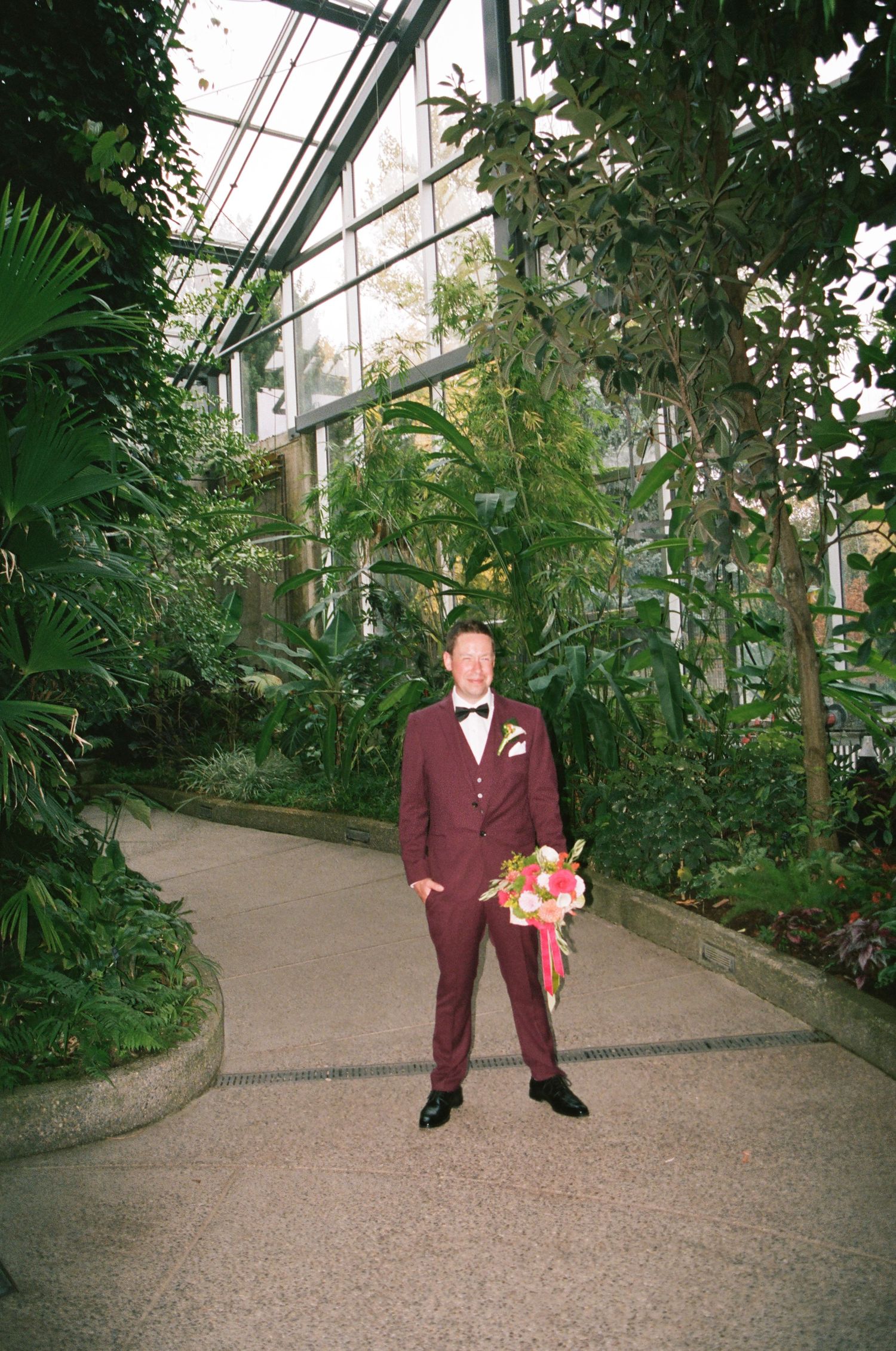 Groom in burgundy suit holding colorful bouquet stands in lush greenhouse botanical garden pathway on wedding day.