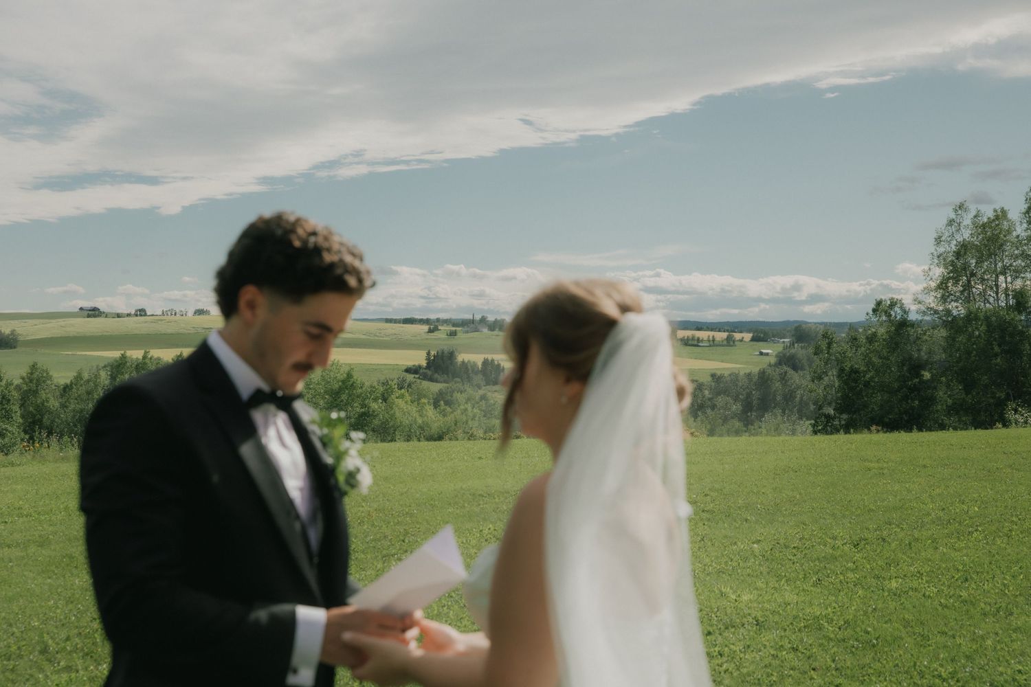 Bride and groom exchanging vows outdoors with scenic green fields under cloudy sky.