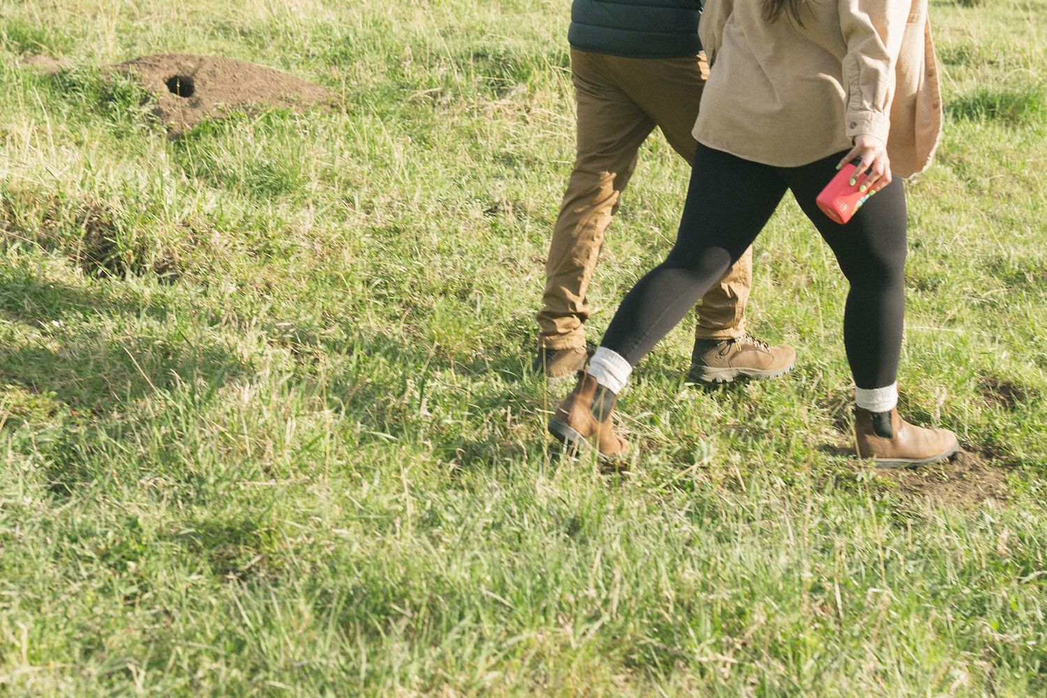 Two pairs of feet walking together through grass on a sunny day.