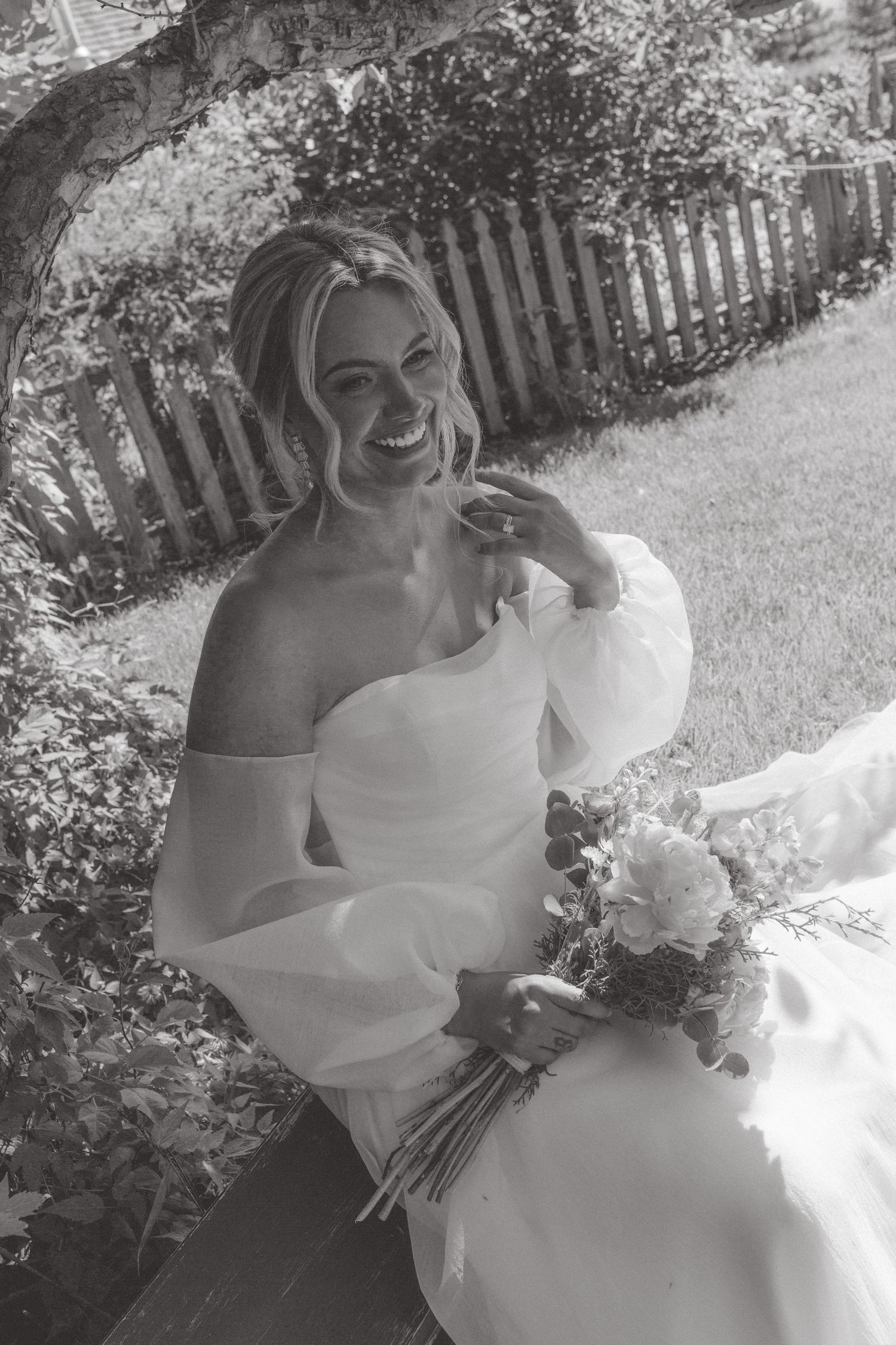 Black and white sequence showing a bride in a white dress holding a bouquet in a garden setting.