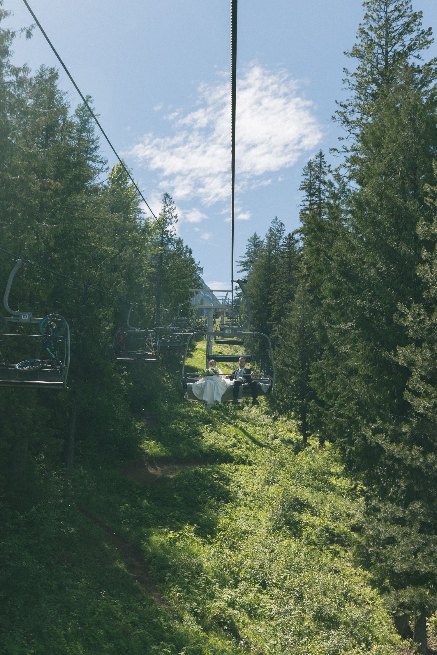 Empty ski lift chairs ascending through evergreen forest under blue summer sky.