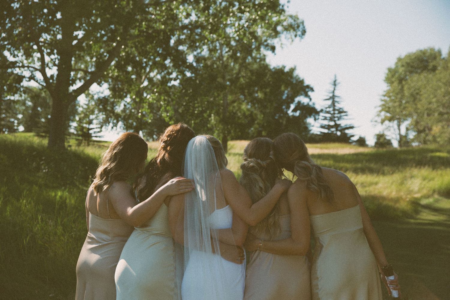 A group of bridesmaids in light-colored dresses huddle together on a sunny lawn during a wedding celebration.