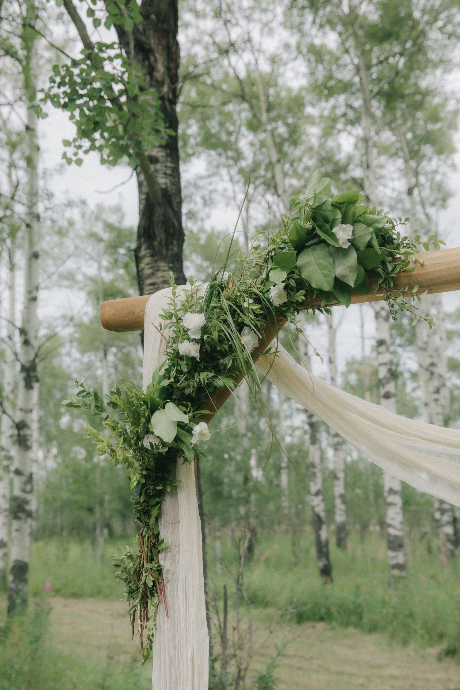 Rustic wooden wedding arch adorned with white flowers and greenery in birch forest.