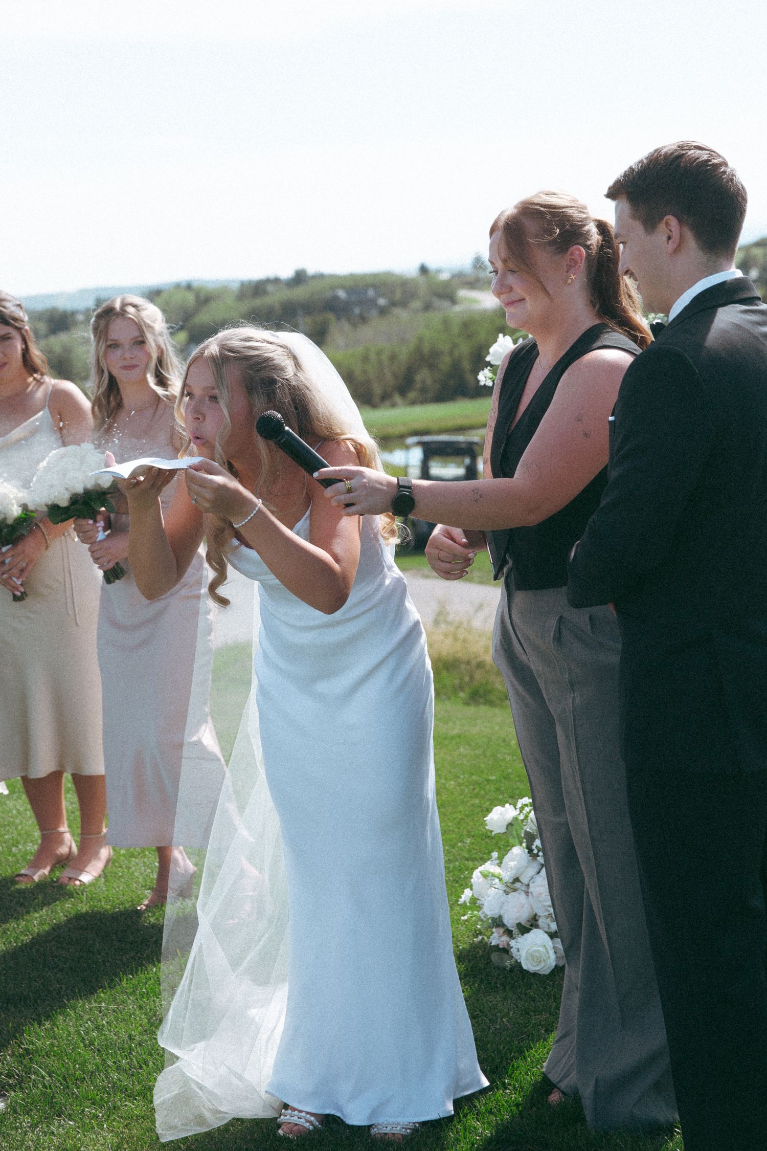 Wedding celebration moment on green lawn with scenic backdrop.