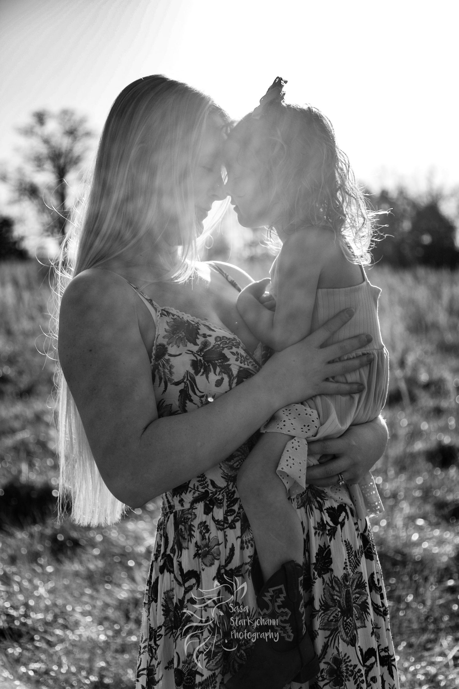 A backlit silhouette portrait showing a tender embrace in a field at sunset.