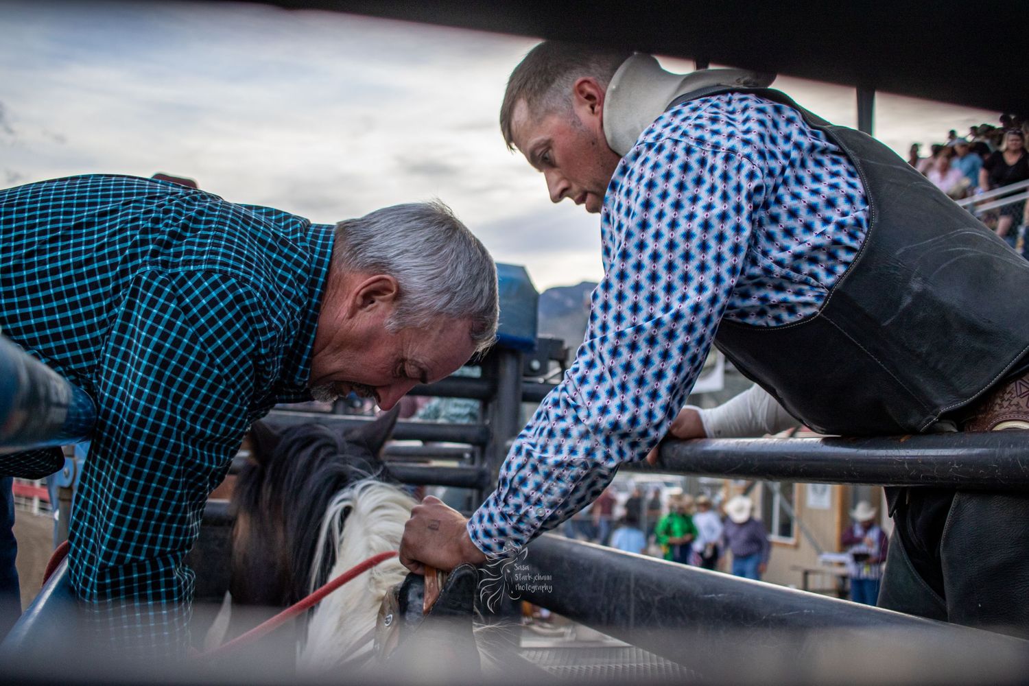 Two mechanics working together on a car engine at an automotive repair shop.