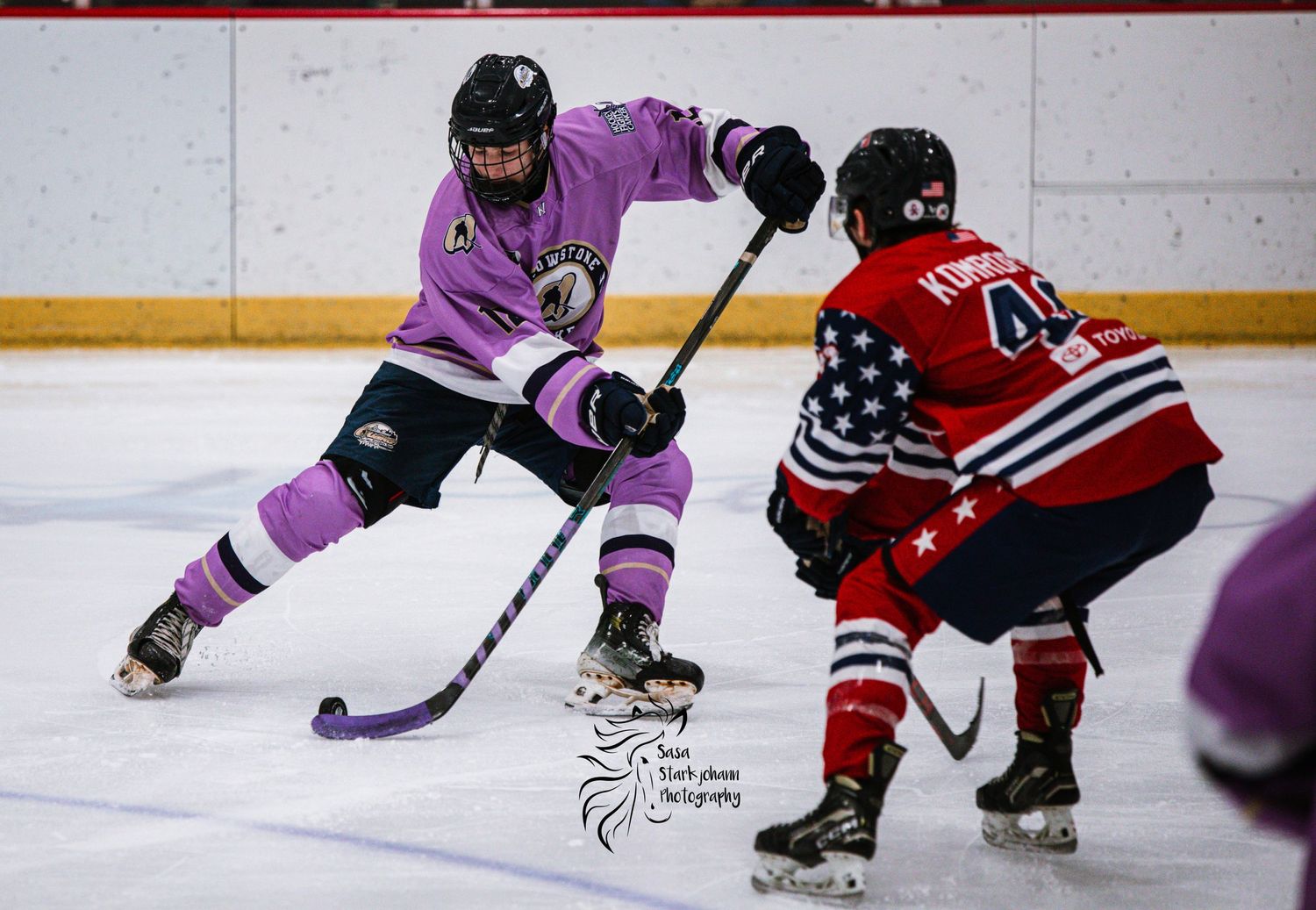 Two hockey players battle for puck control in a game between purple and red-striped teams.