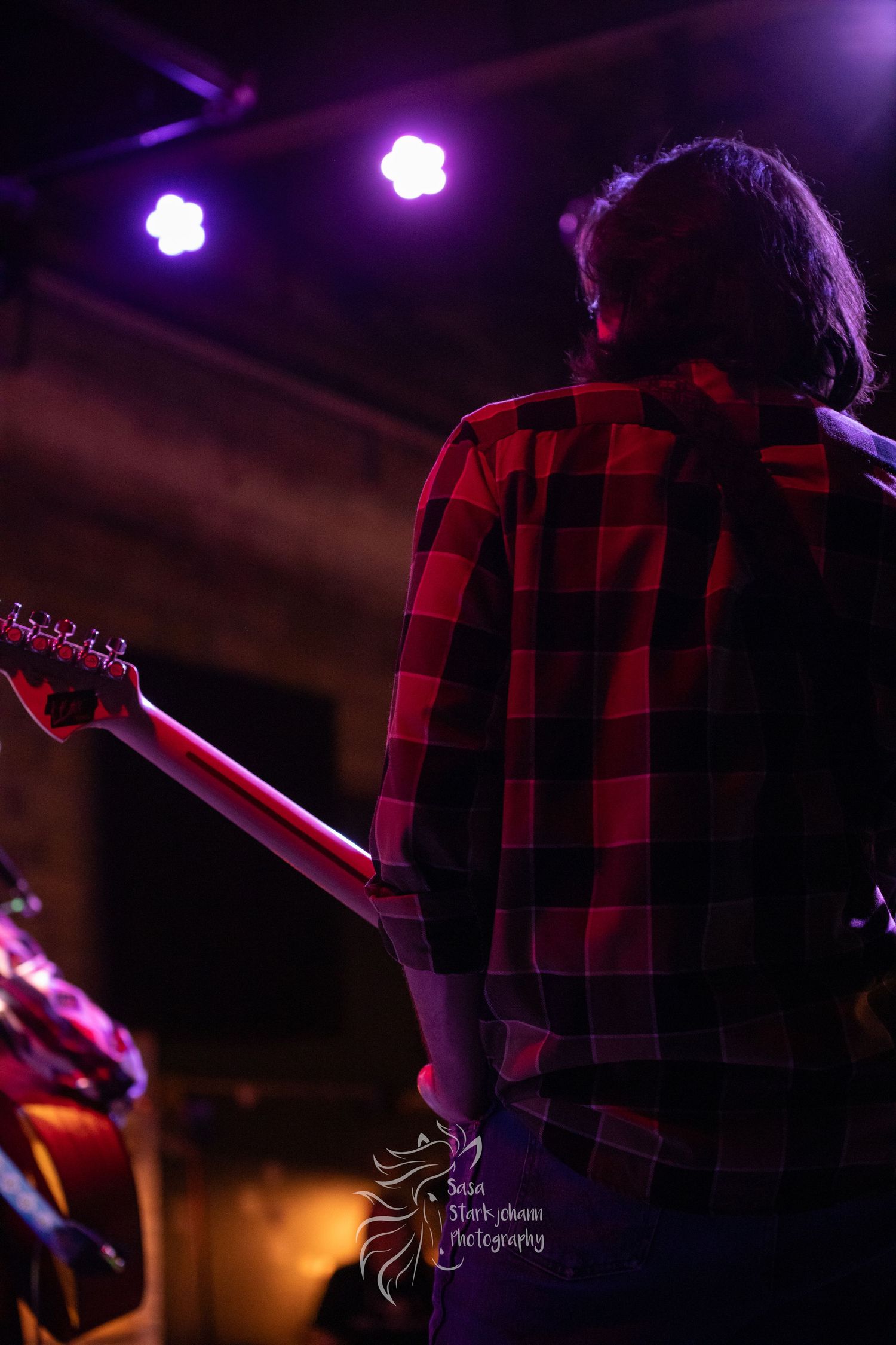 Back view of guitarist in red plaid flannel performing under purple stage lights.
