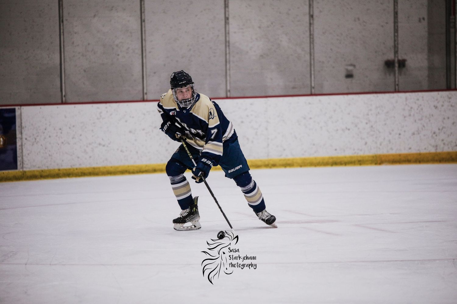 A hockey player in dark uniform controls the puck while skating on ice.