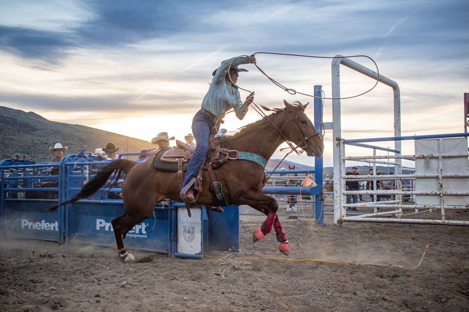 Rodeo competitor riding horse through arena gate during sunset competition.