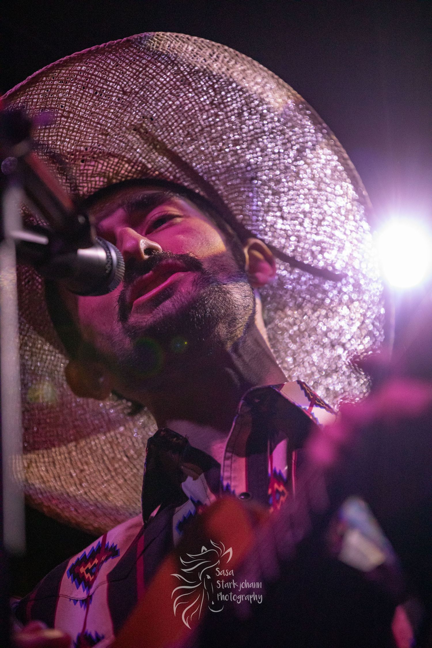 Performer wearing a wide-brimmed hat sings into microphone under stage lights.
