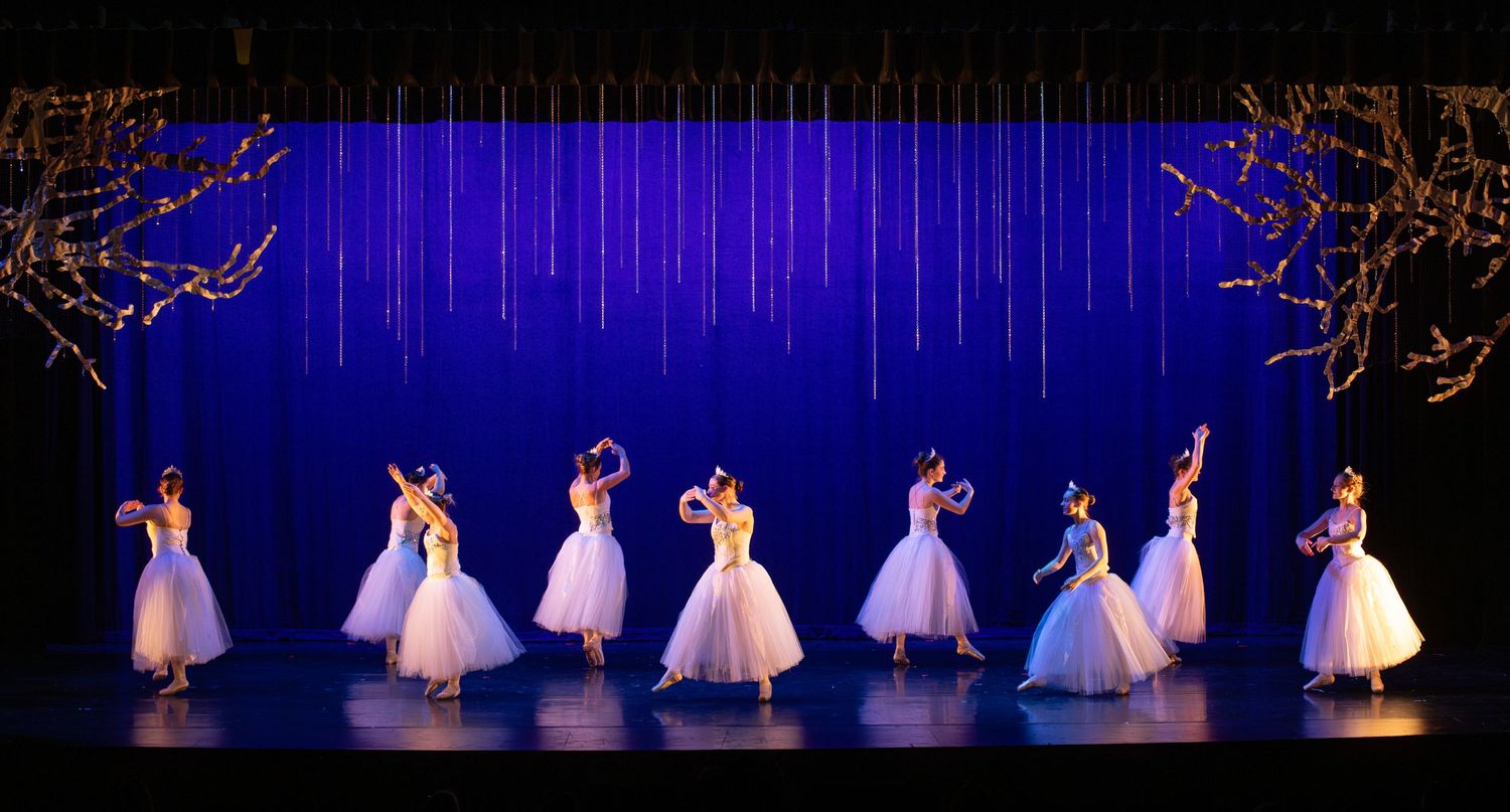 Row of ballet dancers in white tutus perform synchronized routine under blue lighting.