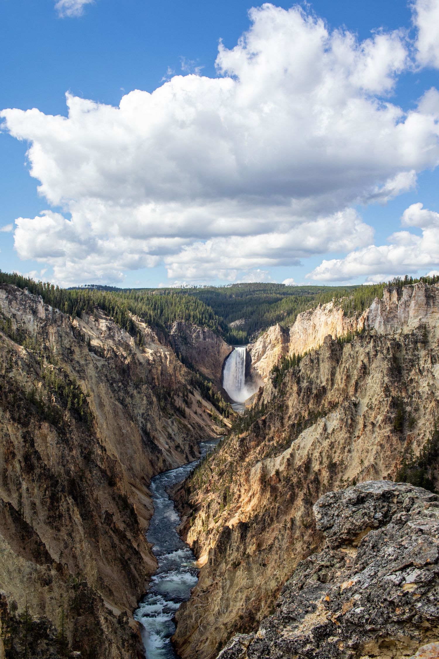 Majestic waterfall cascading through steep canyon with river below in Yellowstone National Park.
