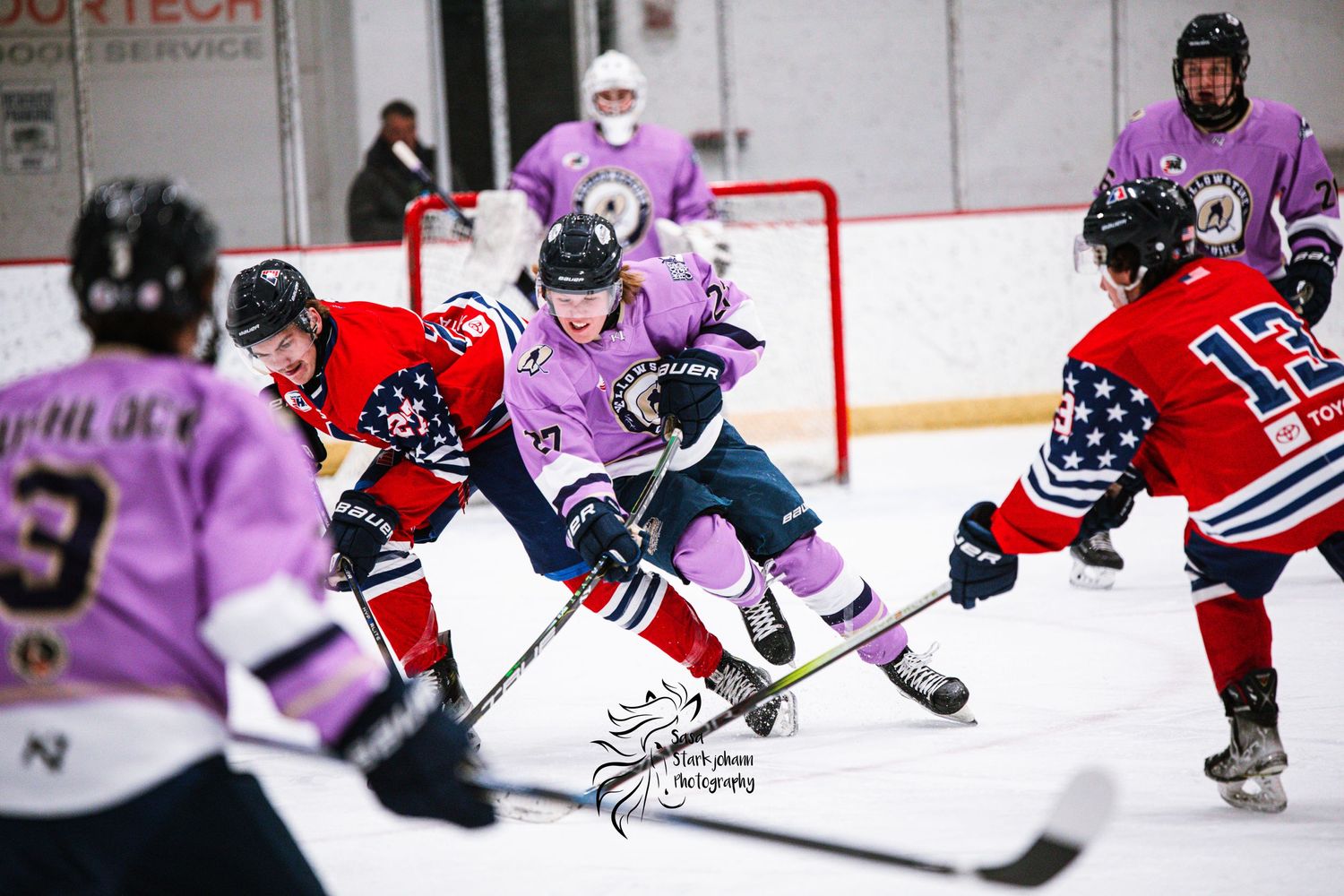 Hockey players in purple and red jerseys battle for the puck during an intense ice hockey match.