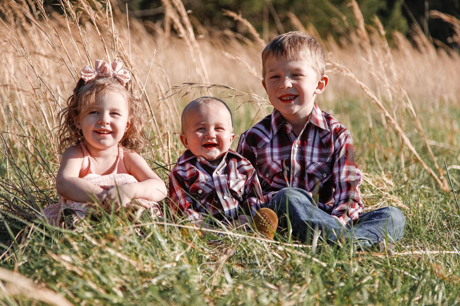 Three siblings sit together laughing in tall grass during an outdoor photo session.