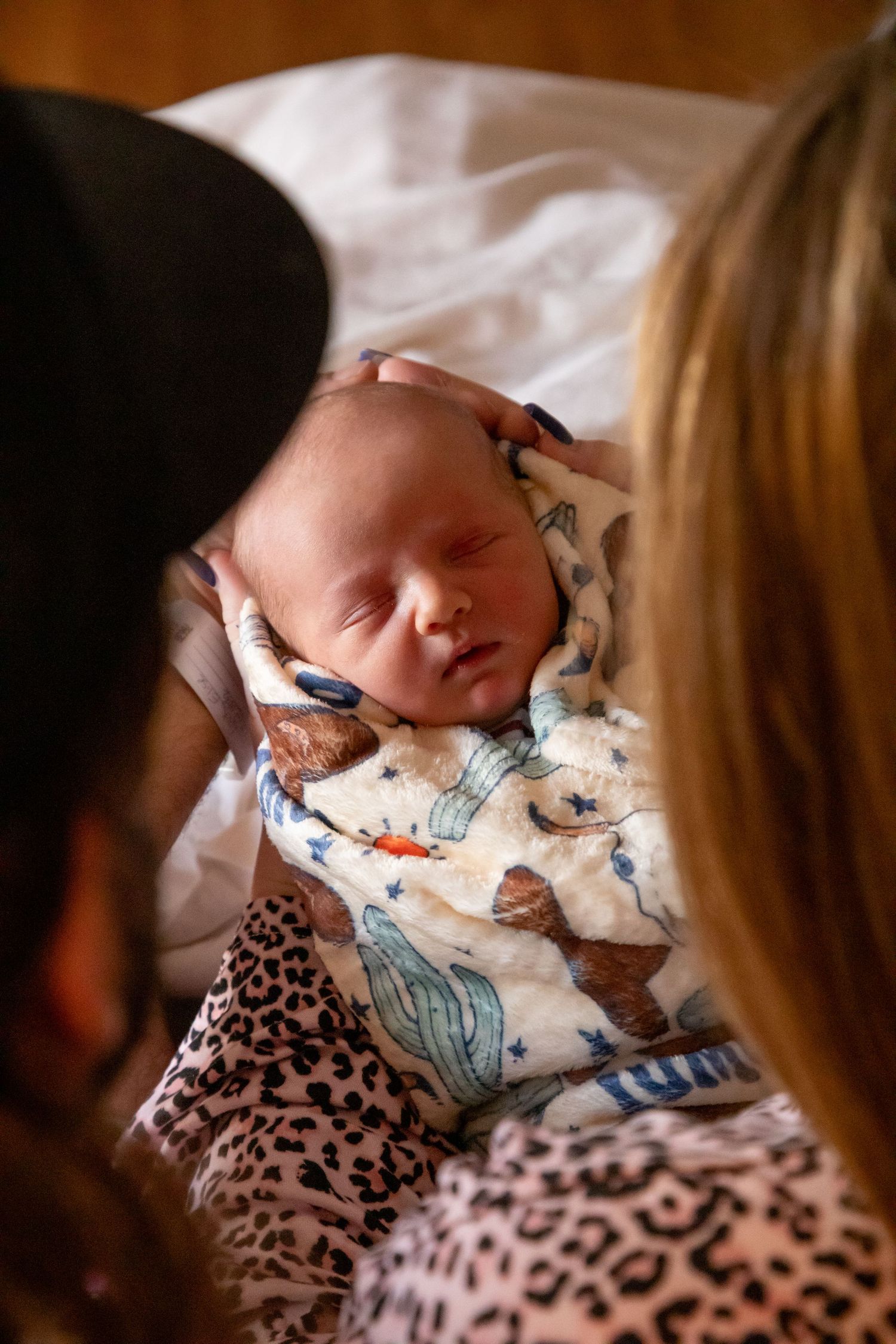 Peaceful sleeping newborn baby wrapped in animal print blanket.