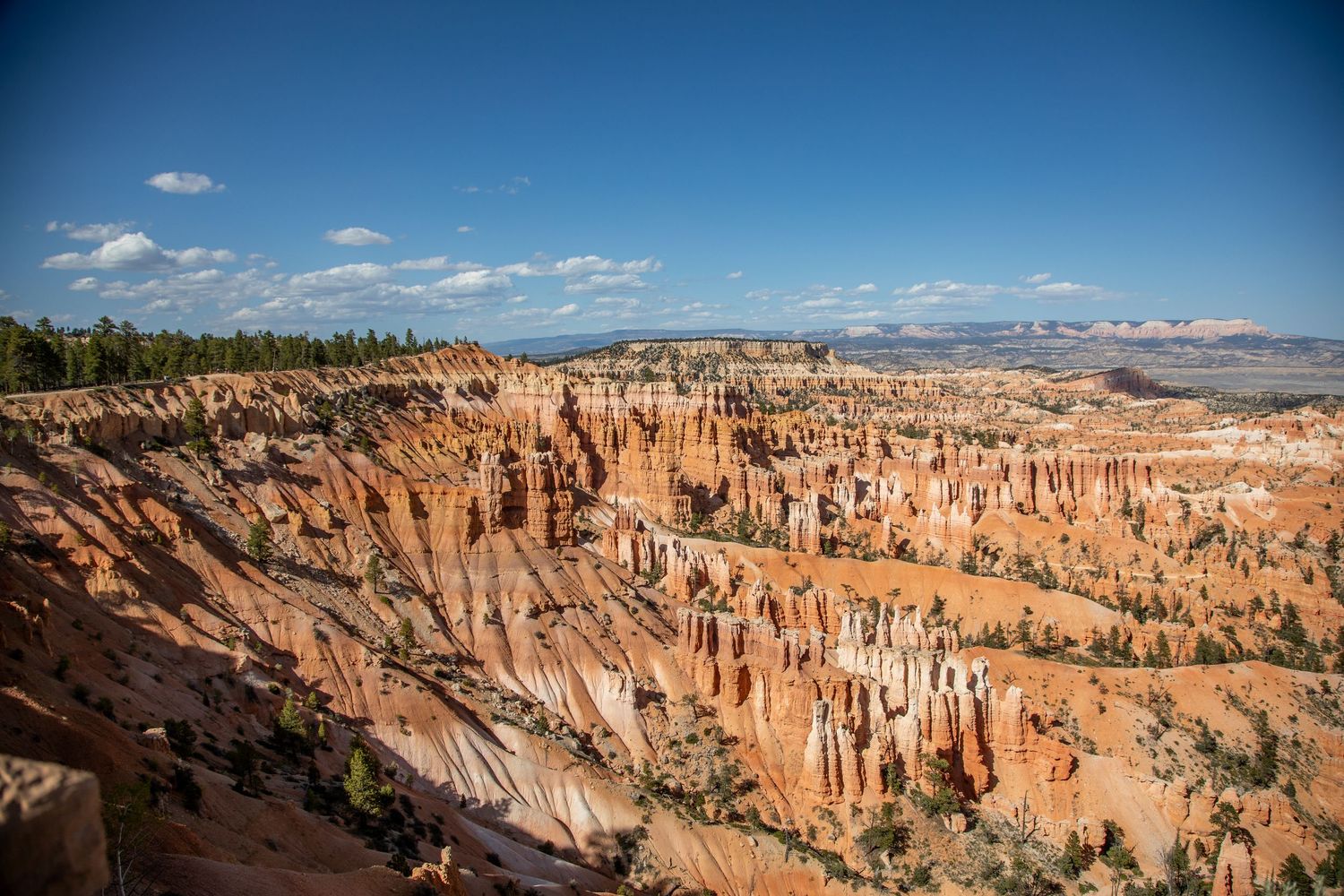 Scenic panoramic view of towering orange hoodoo rock formations at Bryce Canyon National Park under blue skies.