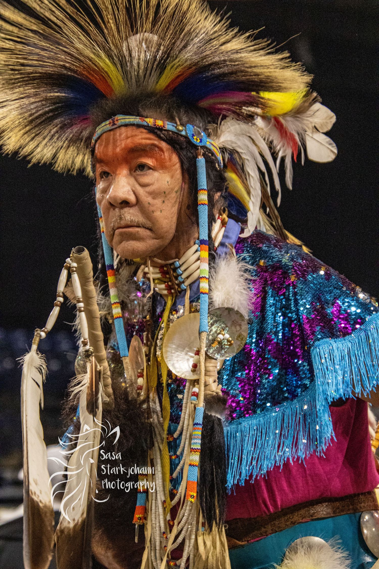 Traditional Native American dancer wearing vibrant feathered headdress and regalia with blue fringe at powwow performance.