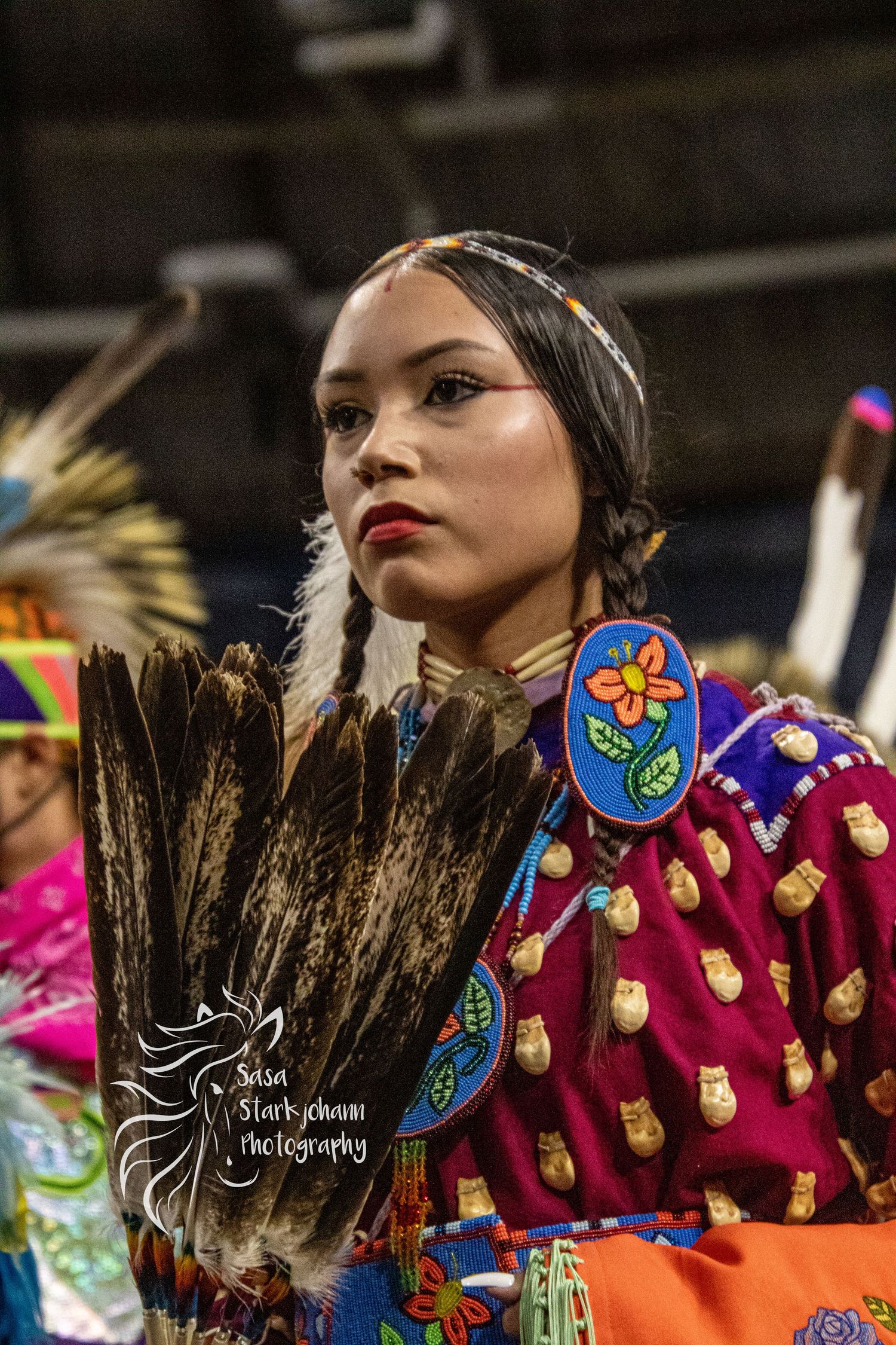 Dancer in traditional Native American regalia with feathers and beaded dress at cultural celebration.